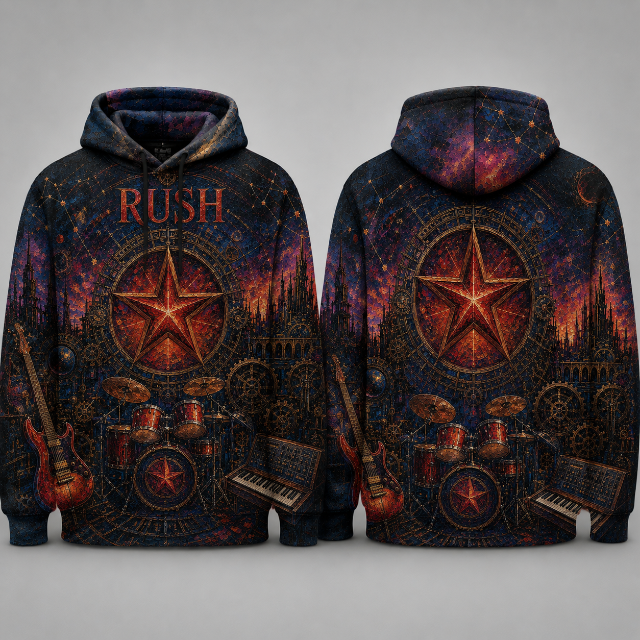 Rush 2112 All Over Print Hoodie, Progressive Rock Pullover Hoodie, Rush Fan Sweatshirt, Vintage Rock Band Gift for Men and Women