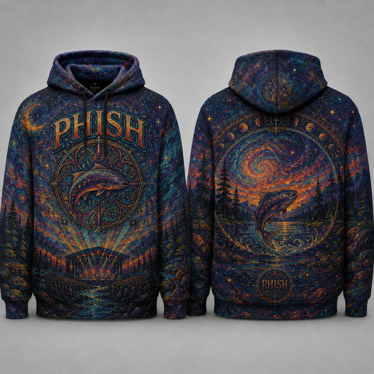 Phish All Over Print Hoodie, Psychedelic Trout Hoodie, Jam Band Festival Hoodie, Cosmic Nature Hoodie, Unisex Music Fan Gift