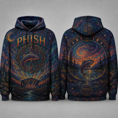 Phish All Over Print Hoodie, Psychedelic Trout Hoodie, Jam Band Festival Hoodie, Cosmic Nature Hoodie, Unisex Music Fan Gift