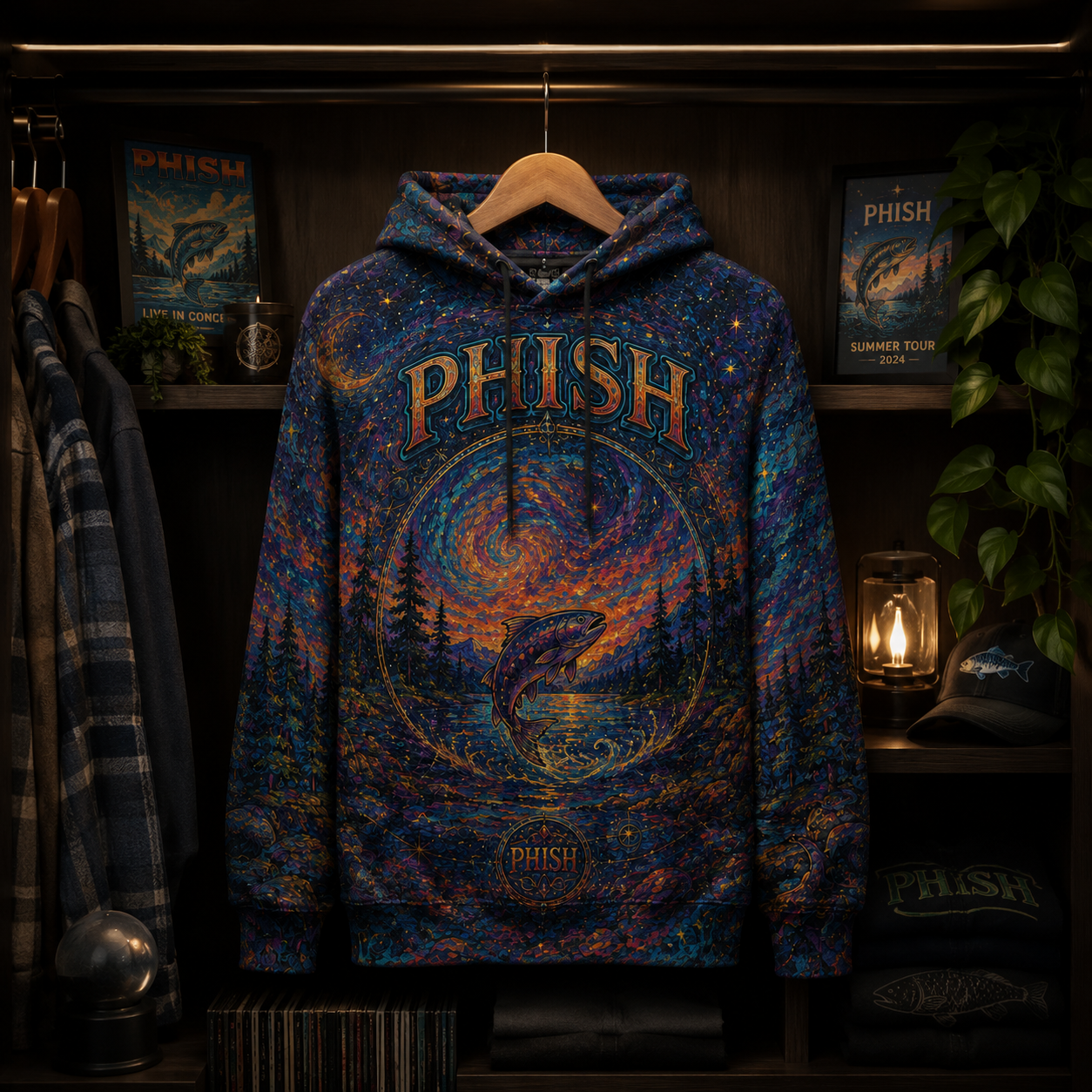 Phish All Over Print Hoodie, Psychedelic Trout Hoodie, Jam Band Festival Hoodie, Cosmic Nature Hoodie, Unisex Music Fan Gift
