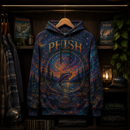 Phish All Over Print Hoodie, Psychedelic Trout Hoodie, Jam Band Festival Hoodie, Cosmic Nature Hoodie, Unisex Music Fan Gift