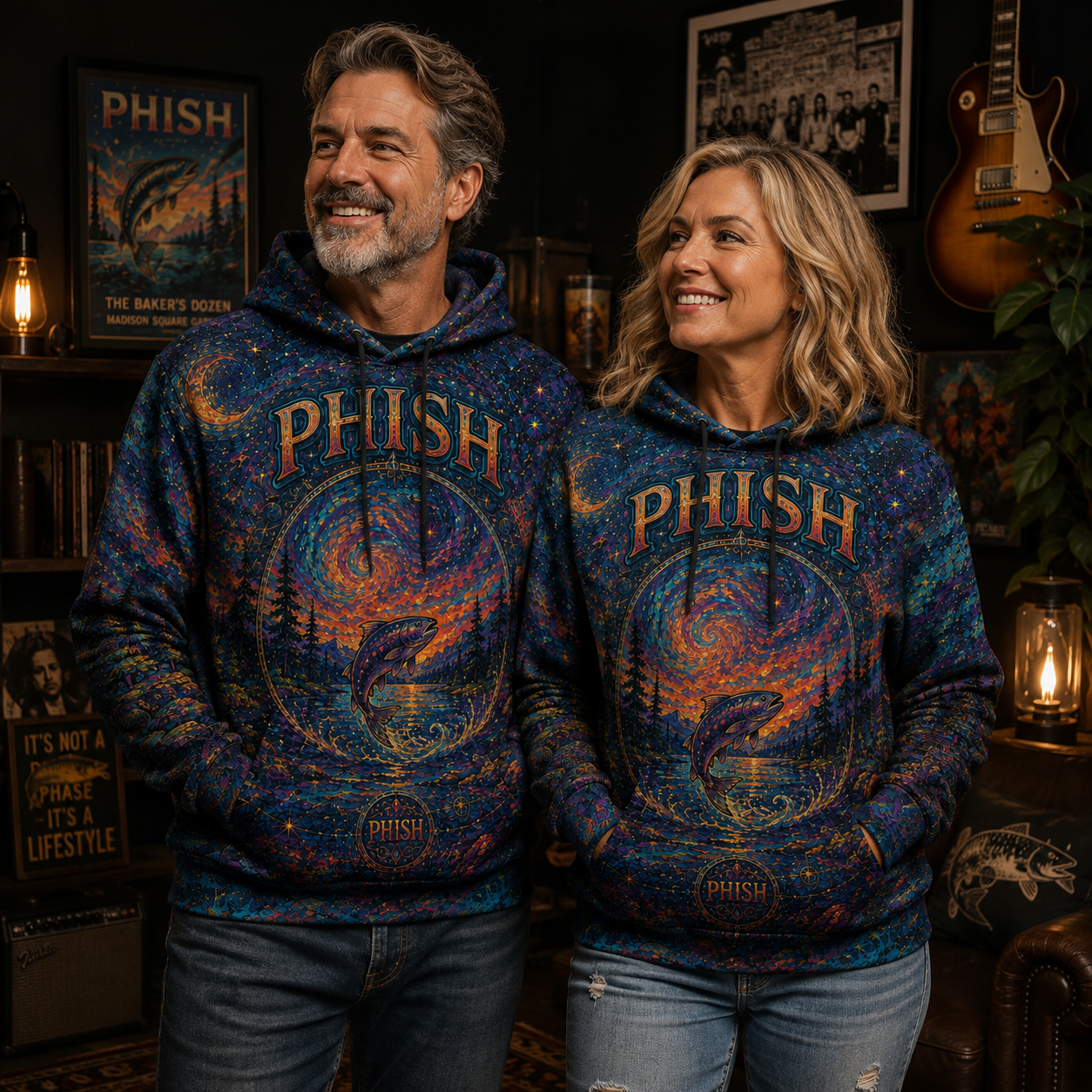Phish All Over Print Hoodie, Psychedelic Trout Hoodie, Jam Band Festival Hoodie, Cosmic Nature Hoodie, Unisex Music Fan Gift
