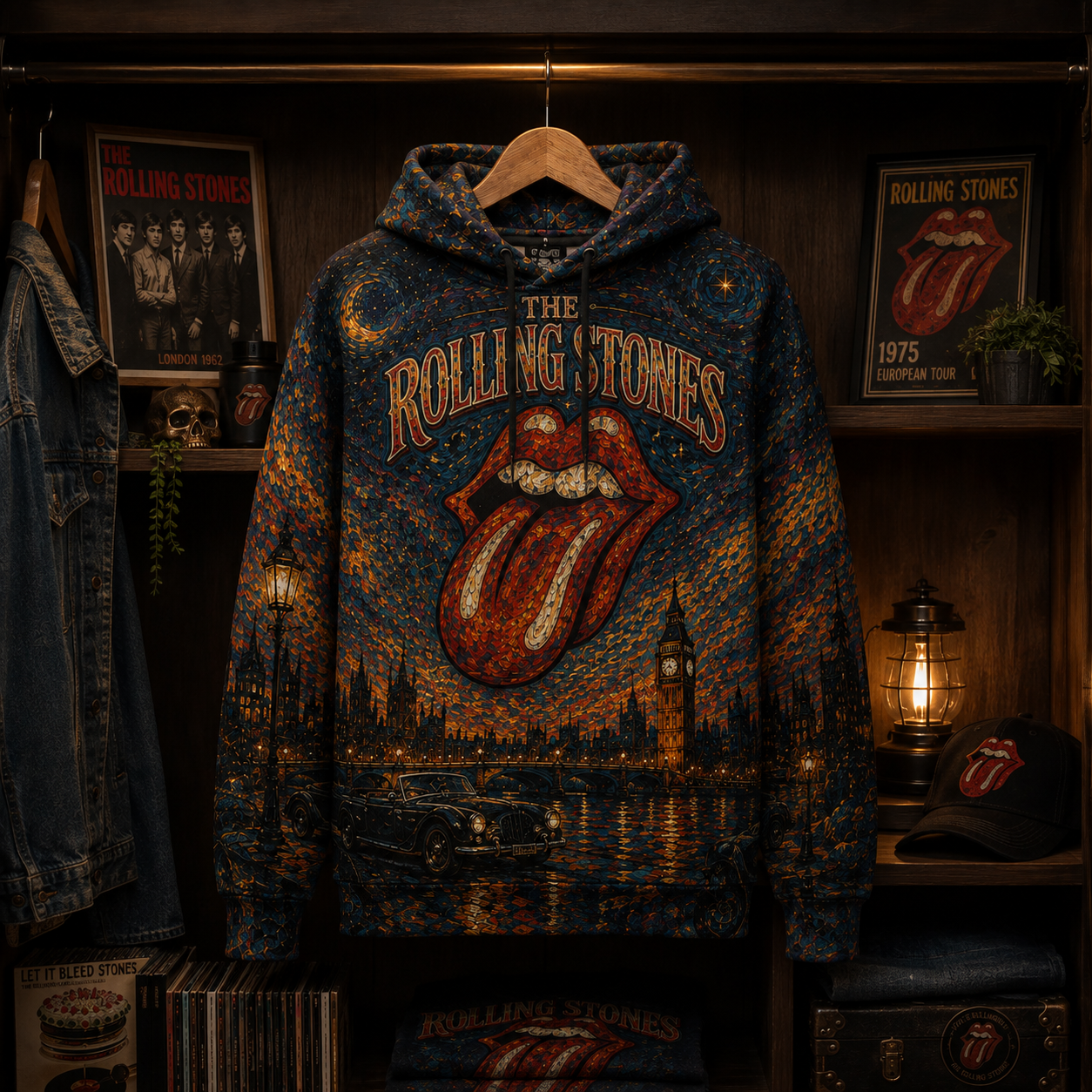 The Rolling Stones All Over Print Hoodie, Tongue Logo Psychedelic Hoodie, Vintage Rock Band Hoodie, Unisex Concert Sweatshirt, Music Fan Gift