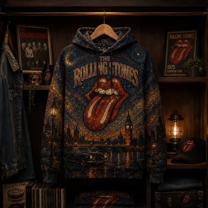 The Rolling Stones All Over Print Hoodie, Tongue Logo Psychedelic Hoodie, Vintage Rock Band Hoodie, Unisex Concert Sweatshirt, Music Fan Gift