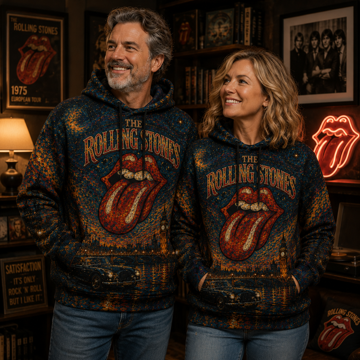 The Rolling Stones All Over Print Hoodie, Tongue Logo Psychedelic Hoodie, Vintage Rock Band Hoodie, Unisex Concert Sweatshirt, Music Fan Gift