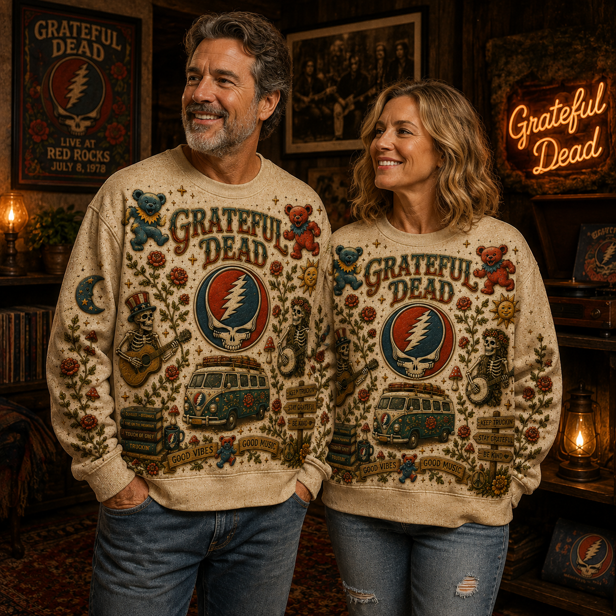 Grateful Dead Vintage All Over Print Sweatshirt, Stealie Skull Hippie Crewneck, Psychedelic Jam Band Sweatshirt, Retro Music Fan Gift