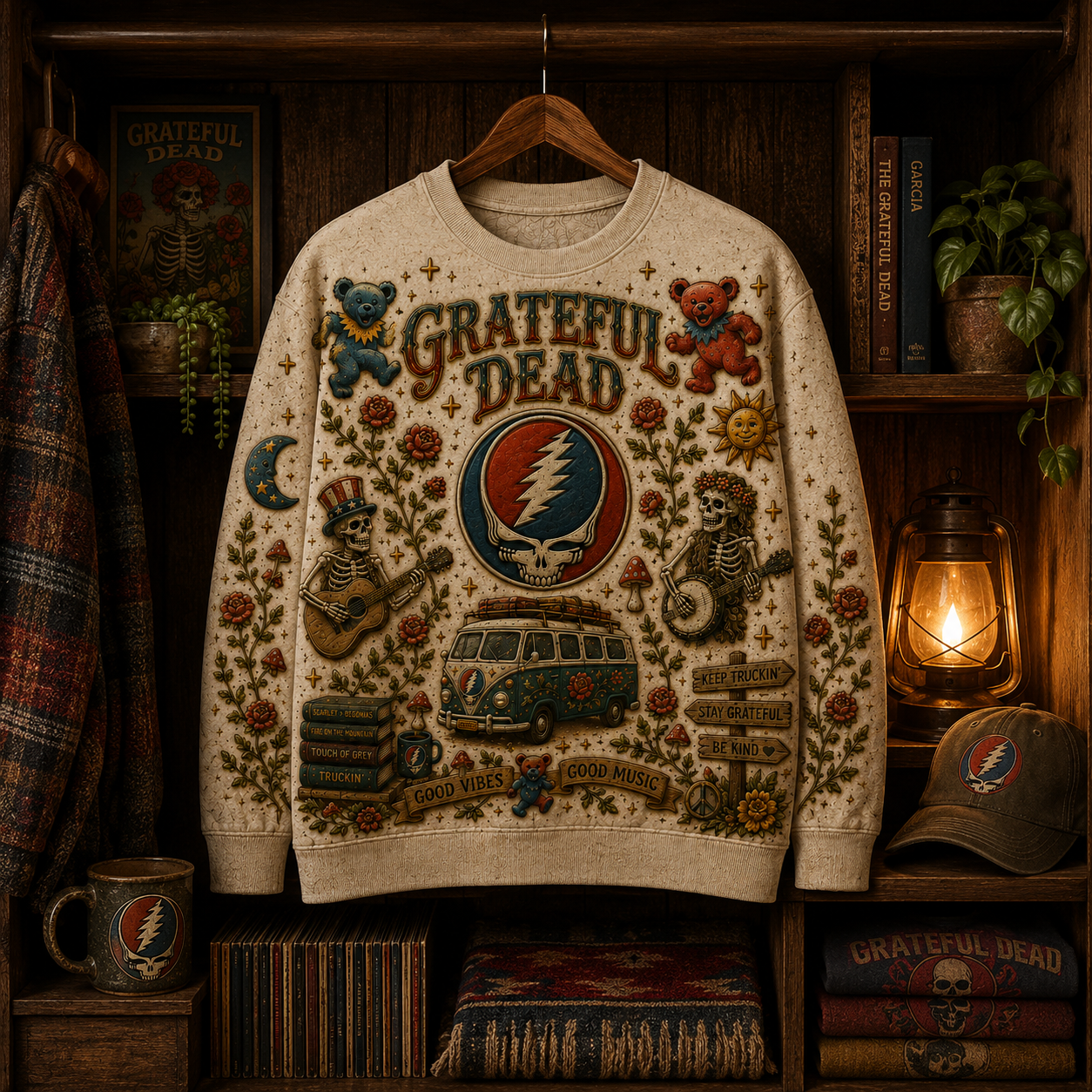Grateful Dead Vintage All Over Print Sweatshirt, Stealie Skull Hippie Crewneck, Psychedelic Jam Band Sweatshirt, Retro Music Fan Gift