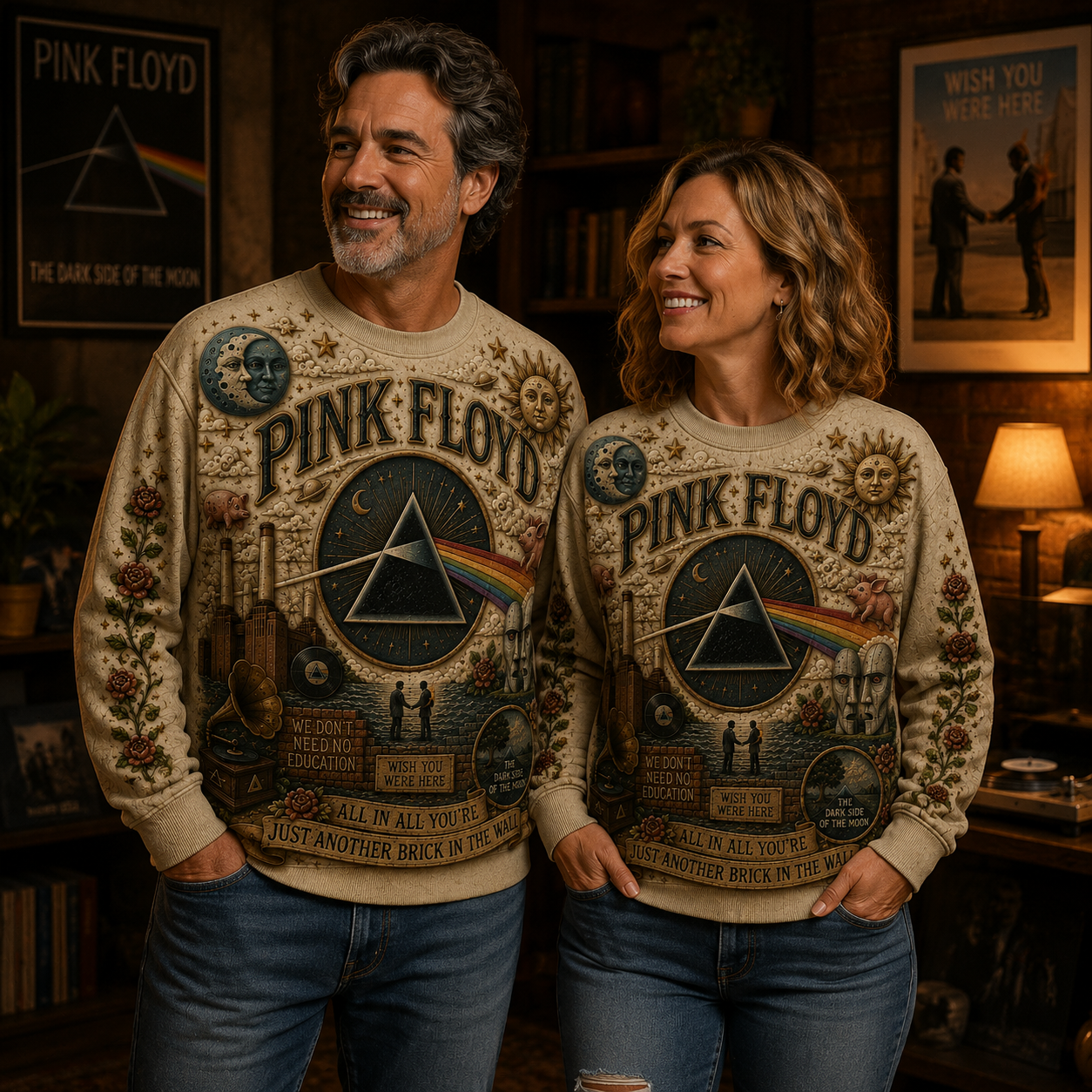 Pink Floyd Vintage All Over Print Sweatshirt, Dark Side of the Moon Crewneck, Psychedelic Classic Rock Sweatshirt, Unisex Music Fan Gift
