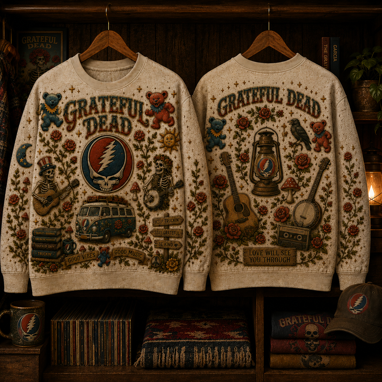 Grateful Dead Vintage All Over Print Sweatshirt, Stealie Skull Hippie Crewneck, Psychedelic Jam Band Sweatshirt, Retro Music Fan Gift
