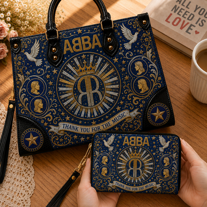 ABBA Handbag Tote Bag & Wallet Set, Vintage Music Lover Purse Set, Retro Pop Band Leather Bag, Matching Wallet Gift for ABBA Fans