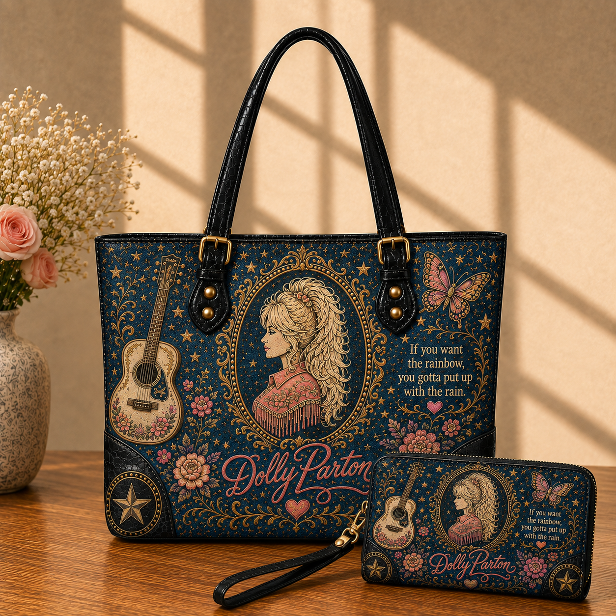 Dolly Parton Handbag Tote Bag & Wallet Set, Country Music Leather Purse Set, Floral Western Handbag, Matching Tote & Wallet Gift for Dolly Parton Fans