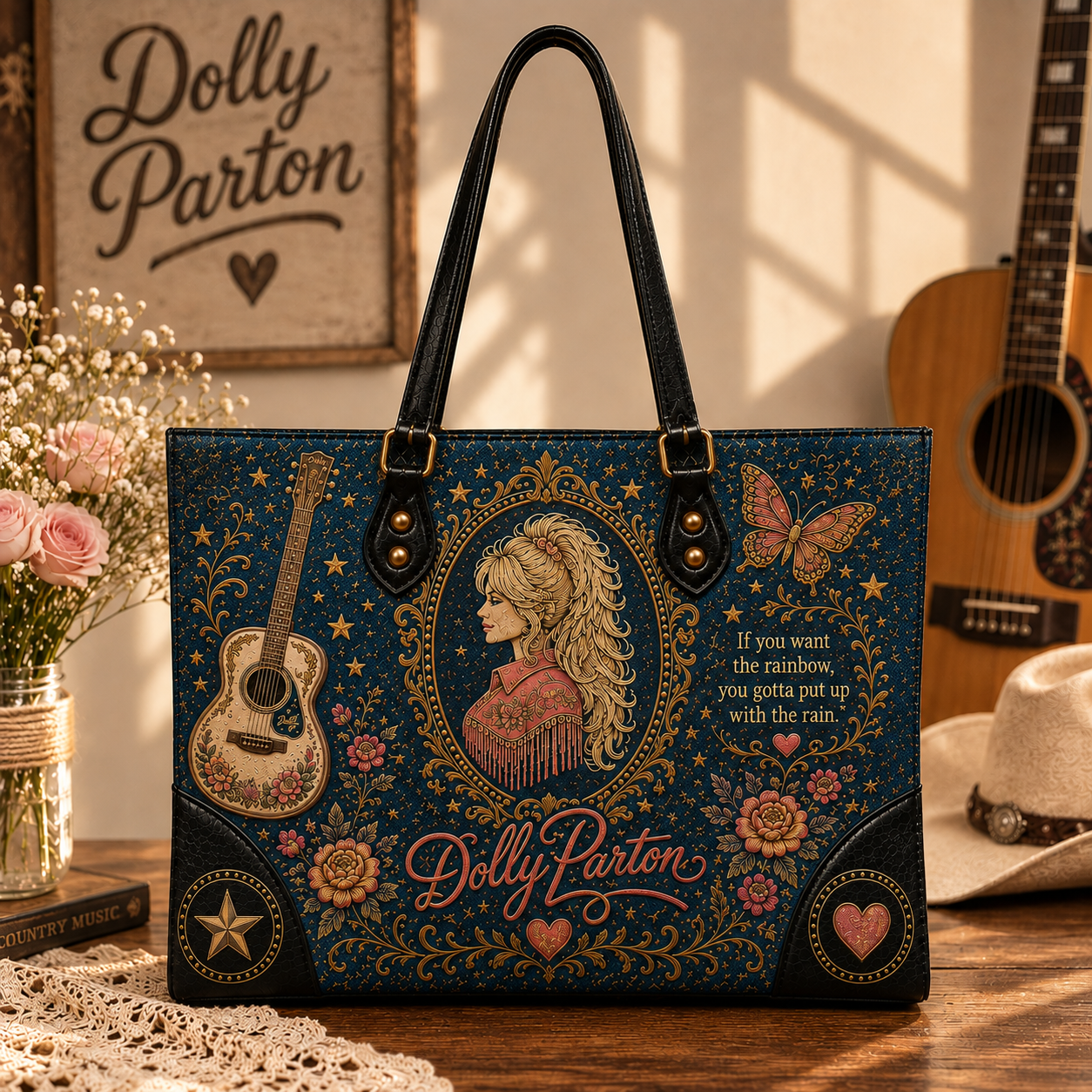 Dolly Parton Handbag Tote Bag & Wallet Set, Country Music Leather Purse Set, Floral Western Handbag, Matching Tote & Wallet Gift for Dolly Parton Fans