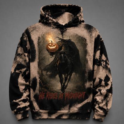 Headless Horseman Hoodie, He Rides at Midnight Bleached Hoodie, Halloween Horror Pullover, Spooky Fall Gift