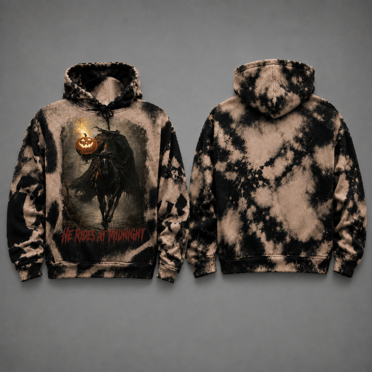 Headless Horseman Hoodie, He Rides at Midnight Bleached Hoodie, Halloween Horror Pullover, Spooky Fall Gift