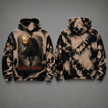 Headless Horseman Hoodie, He Rides at Midnight Bleached Hoodie, Halloween Horror Pullover, Spooky Fall Gift