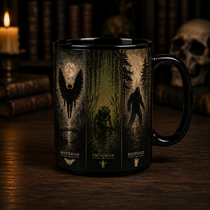 Cryptid Monsters Black Accent Mug, Mothman Frogman Bigfoot Coffee Mug, Cryptozoology Gift for Monster Lovers