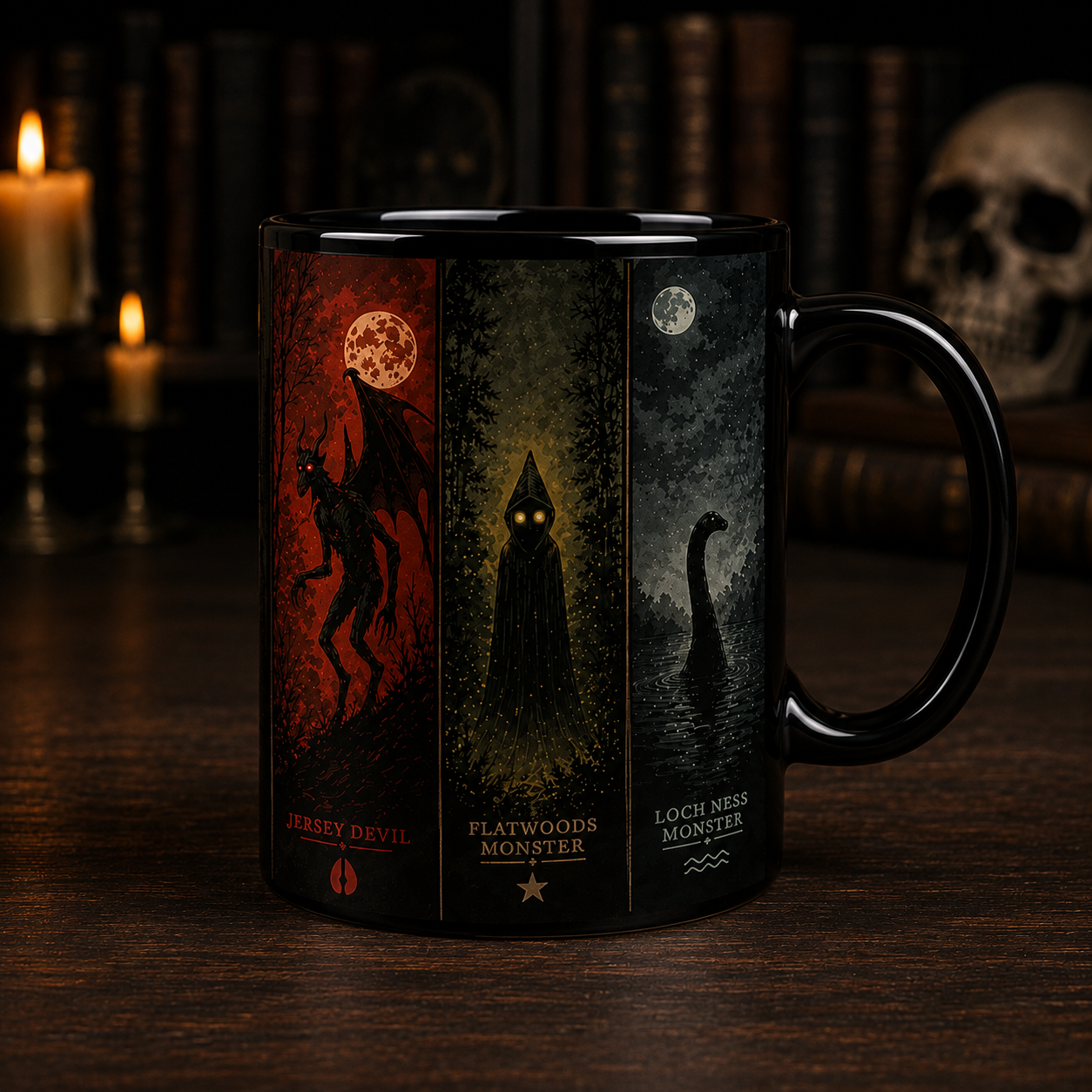 Cryptid Monsters Black Accent Mug, Mothman Frogman Bigfoot Coffee Mug, Cryptozoology Gift for Monster Lovers