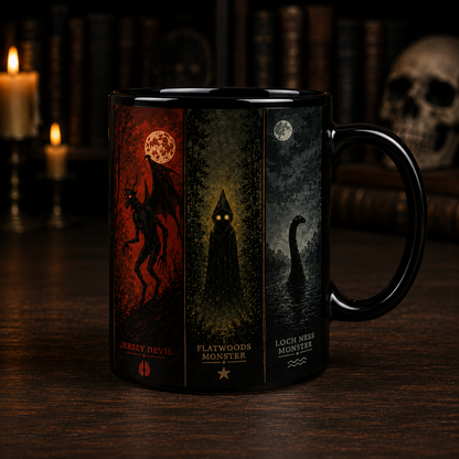 Cryptid Monsters Black Accent Mug, Mothman Frogman Bigfoot Coffee Mug, Cryptozoology Gift for Monster Lovers