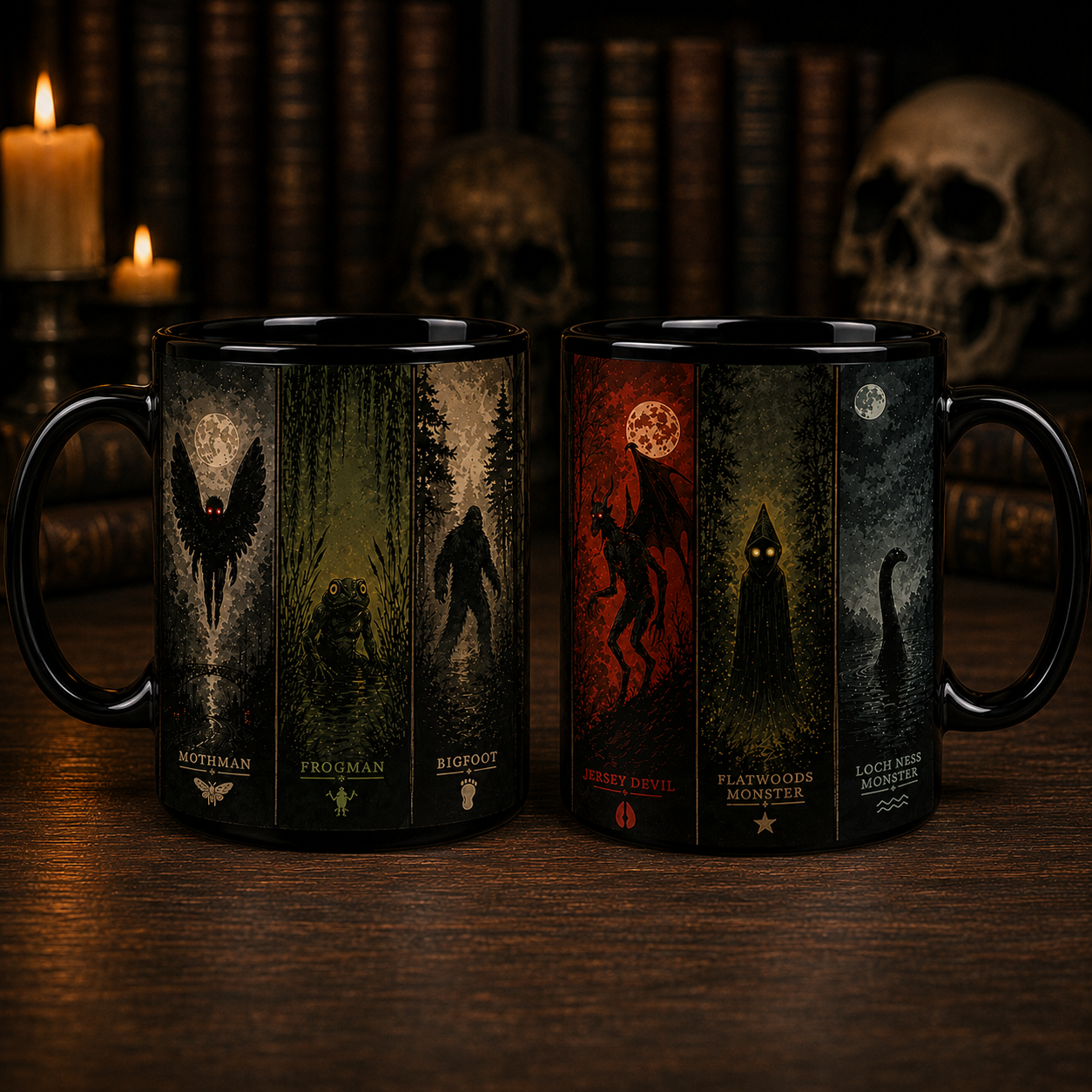 Cryptid Monsters Black Accent Mug, Mothman Frogman Bigfoot Coffee Mug, Cryptozoology Gift for Monster Lovers
