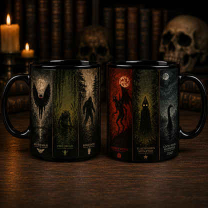 Cryptid Monsters Black Accent Mug, Mothman Frogman Bigfoot Coffee Mug, Cryptozoology Gift for Monster Lovers