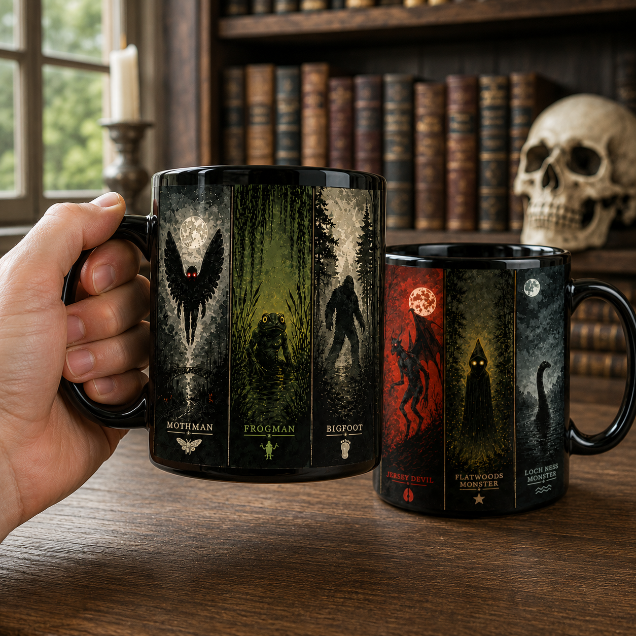 Cryptid Monsters Black Accent Mug, Mothman Frogman Bigfoot Coffee Mug, Cryptozoology Gift for Monster Lovers