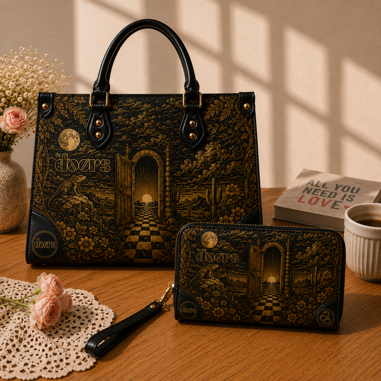 The Doors Handbag Tote Bag Wallet Set, Psychedelic Rock Purse Set, Vegan Leather Bag Set