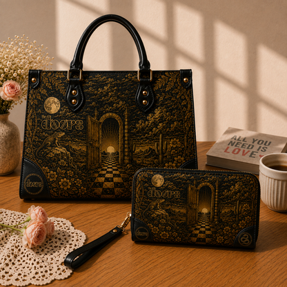 The Doors Handbag Tote Bag Wallet Set, Psychedelic Rock Purse Set, Vegan Leather Bag Set
