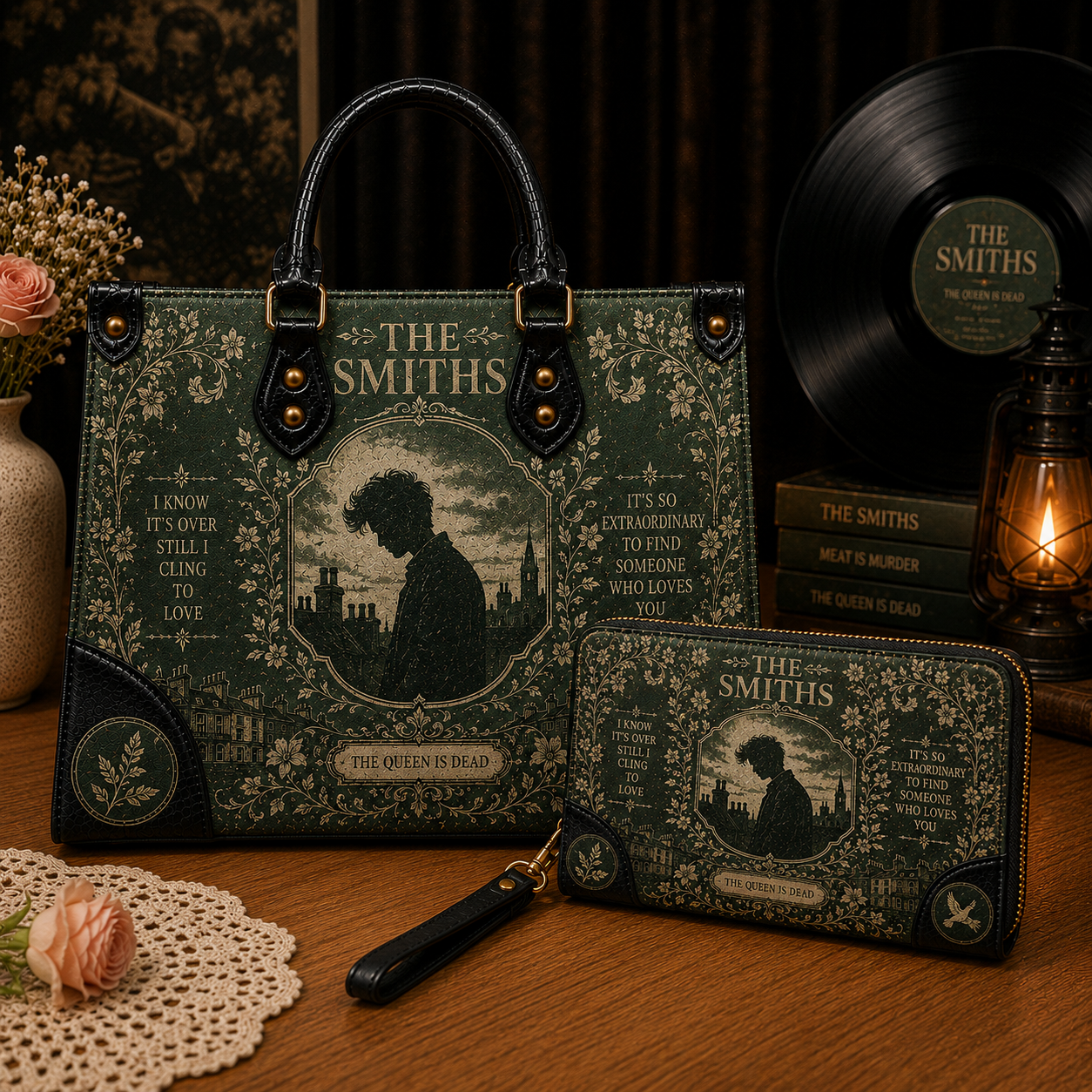 The Smiths Handbag Tote Bag Wallet Set, Gothic Floral Purse Set, Indie Rock Fan Gif, Vegan Leather Handbag