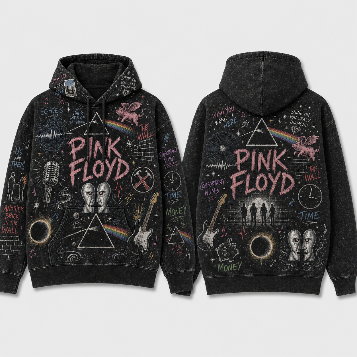 Pink Floyd Hoodie, Vintage Pink Floyd Pullover Hoodie, Chalk Art Rock Band Sweatshirt, Dark Side of the Moon Hoodie, Classic Rock Fan Gift
