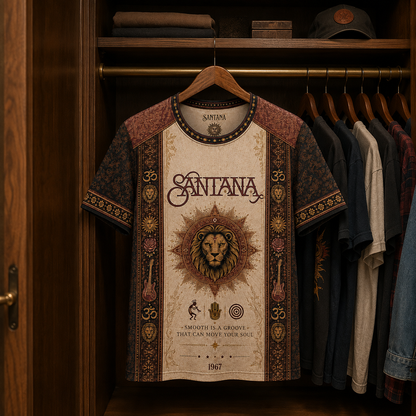 Santana T-Shirt, Lion Mandala Graphic Tee, Latin Rock All Over Print Shirt, Vintage Carlos Santana Music Fan Gift