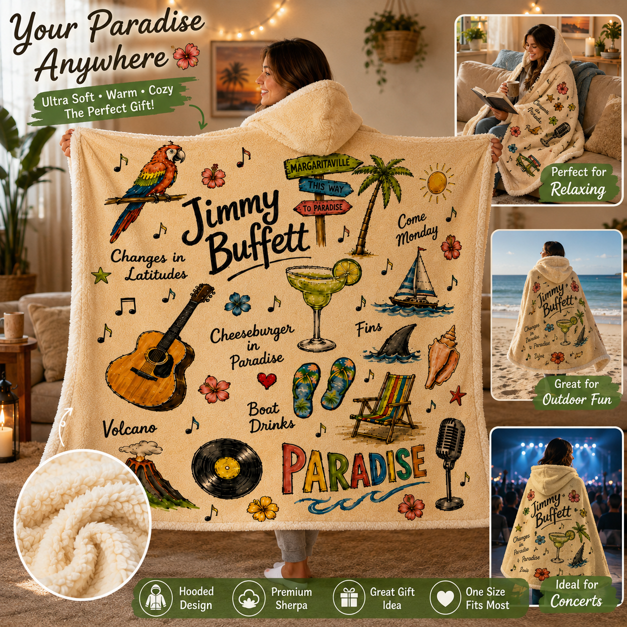 Jimmy Buffett Wearable Hooded Blanket, Margaritaville Sherpa Blanket, Tropical Beach Throw Blanket,  Jimmy Buffett Fan Blanket