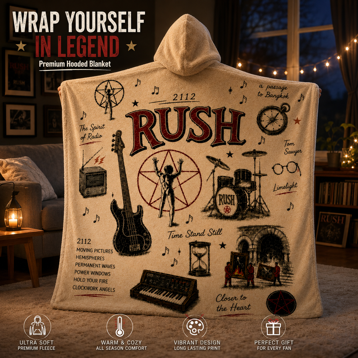 Rush Hooded Blanket, Rush Sherpa Blanket, Progressive Rock Hooded Throw, 2112 Band Blanket, Classic Rock Fan Gift