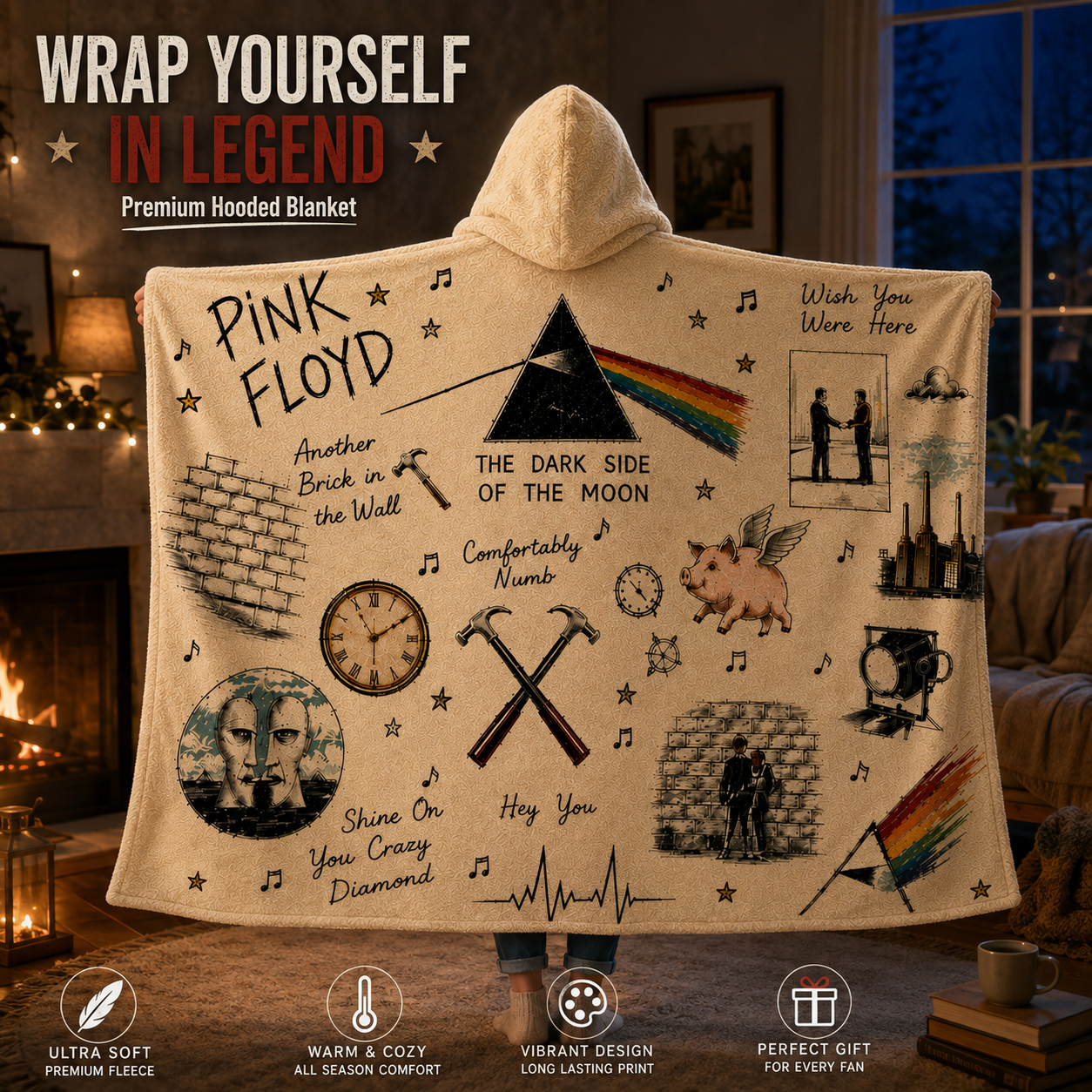 Pink Floyd Hooded Blanket, Dark Side of the Moon Sherpa Blanket, Progressive Rock Hooded Throw, Classic Rock Fan Gift, Pink Floyd Blanket