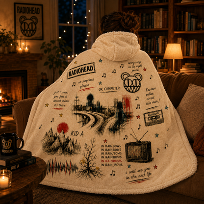 Radiohead Hooded Blanket, OK Computer Sherpa Blanket, Radiohead Fan Gift, Cozy Alternative Rock Hooded Throw, Music Lover Blanket