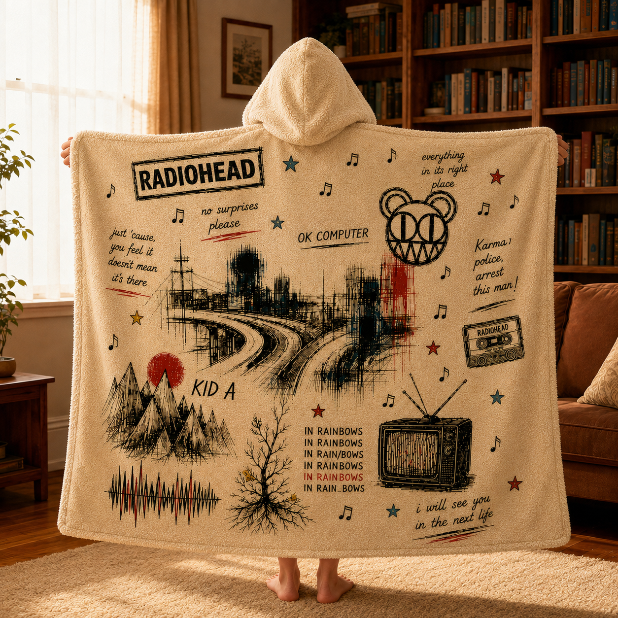 Radiohead Hooded Blanket, OK Computer Sherpa Blanket, Radiohead Fan Gift, Cozy Alternative Rock Hooded Throw, Music Lover Blanket