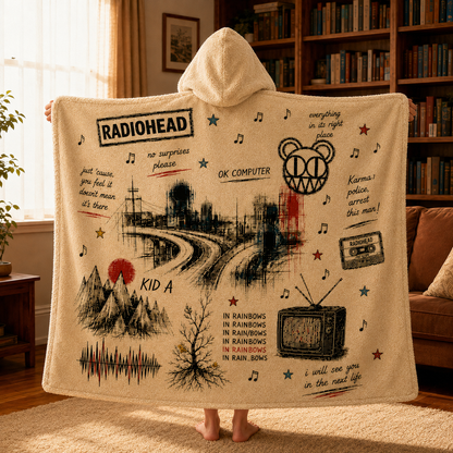 Radiohead Hooded Blanket, OK Computer Sherpa Blanket, Radiohead Fan Gift, Cozy Alternative Rock Hooded Throw, Music Lover Blanket
