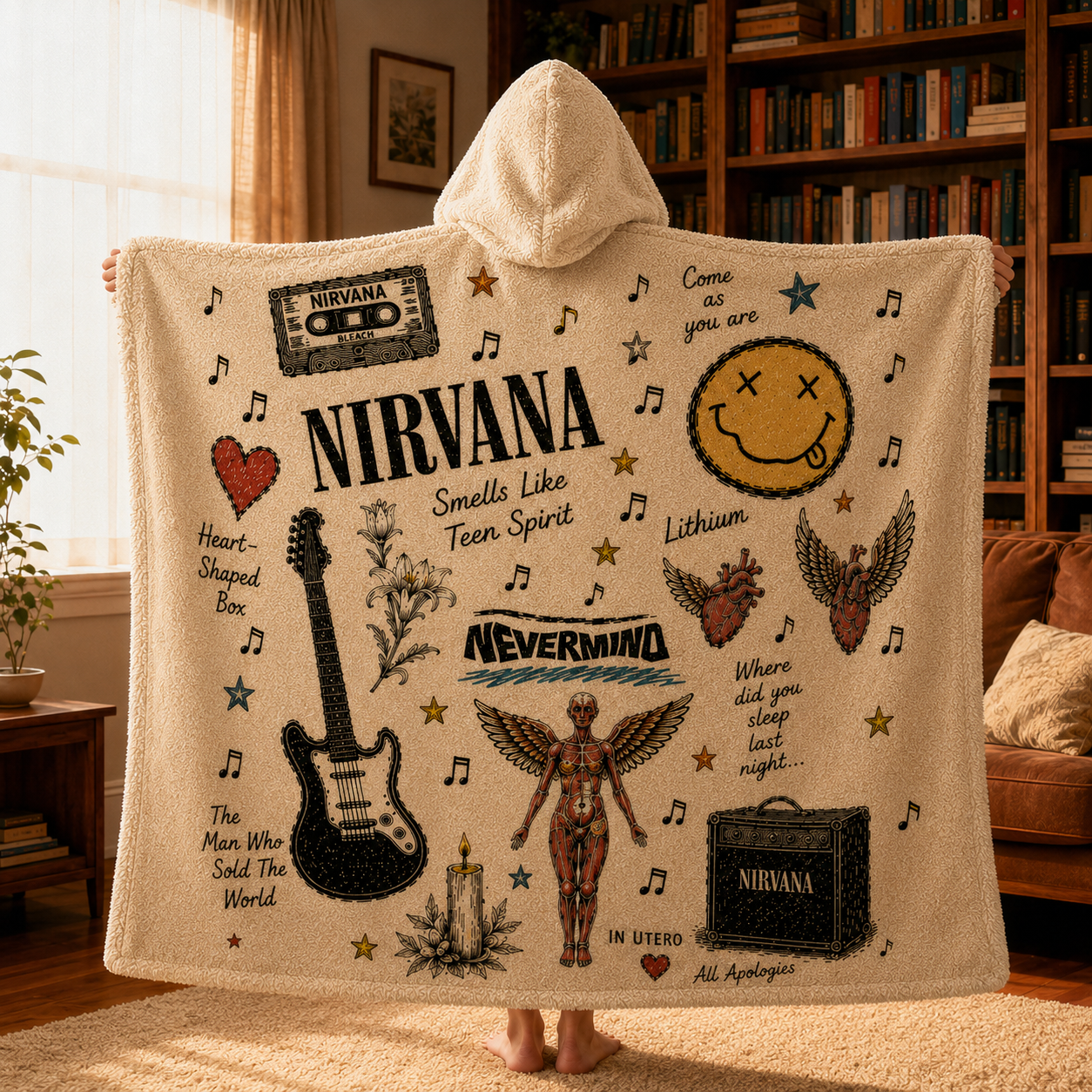 Nirvana Hooded Blanket, Smells Like Teen Spirit Sherpa Blanket, Nevermind Hooded Throw, Grunge Rock Fan Gift, Cozy Music Blanket