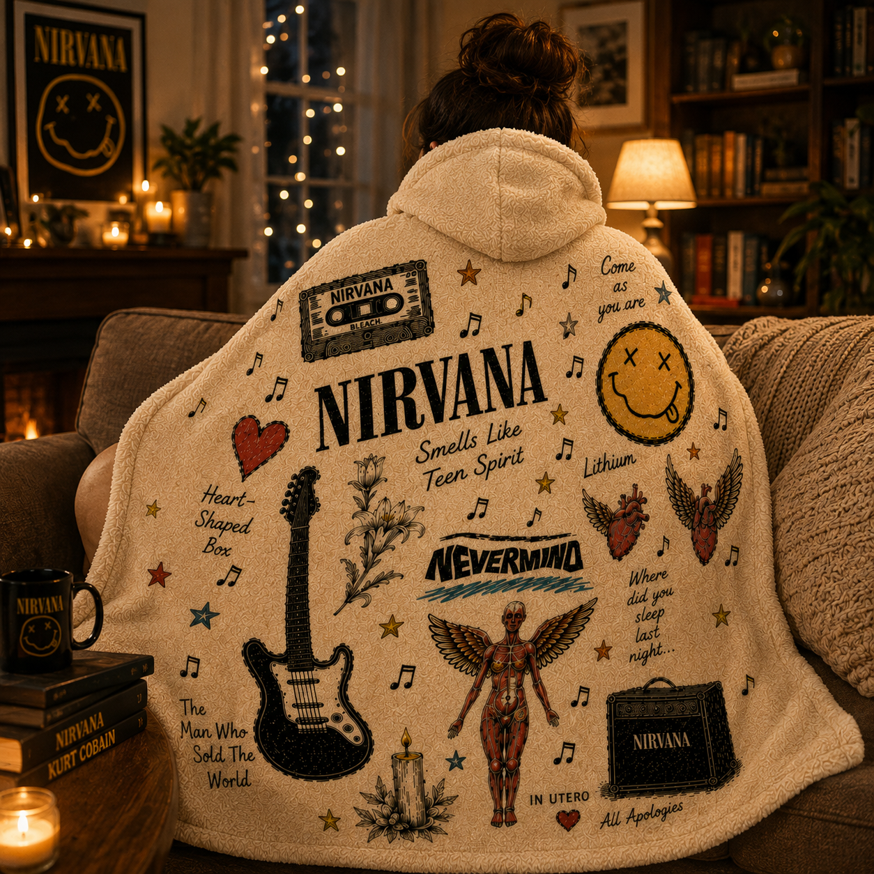 Nirvana Hooded Blanket, Smells Like Teen Spirit Sherpa Blanket, Nevermind Hooded Throw, Grunge Rock Fan Gift, Cozy Music Blanket
