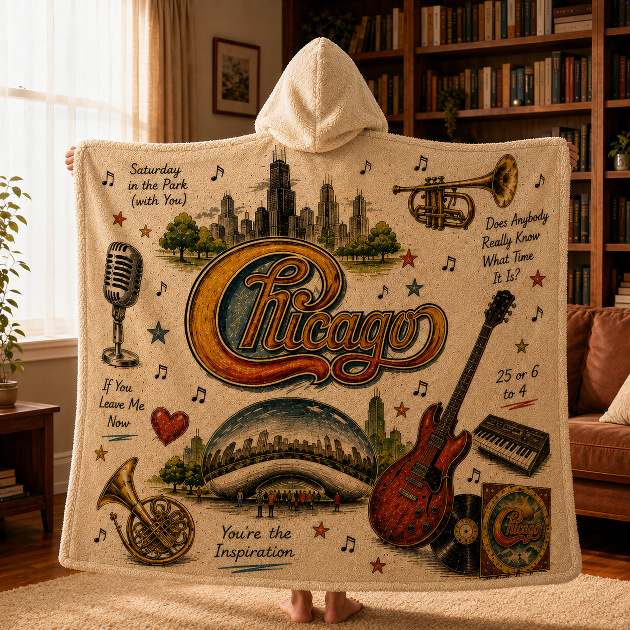 Chicago Band Hooded Blanket, Chicago Sherpa Hooded Blanket, Chicago Rock Band Gift, Cozy Classic Rock Hooded Throw, Music Lover Blanket