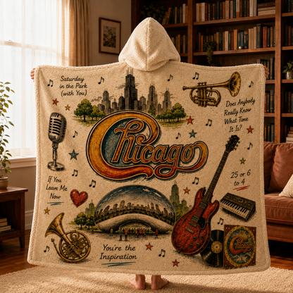 Chicago Band Hooded Blanket, Chicago Sherpa Hooded Blanket, Chicago Rock Band Gift, Cozy Classic Rock Hooded Throw, Music Lover Blanket