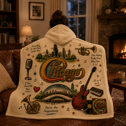 Chicago Band Hooded Blanket, Chicago Sherpa Hooded Blanket, Chicago Rock Band Gift, Cozy Classic Rock Hooded Throw, Music Lover Blanket