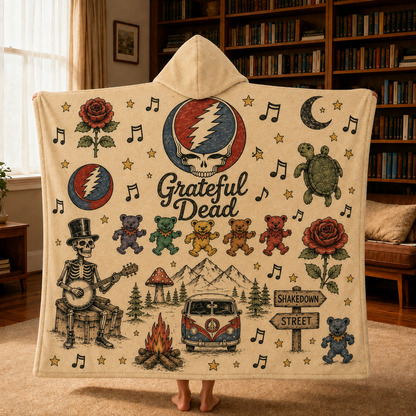 Grateful Dead Hooded Blanket, Grateful Dead Sherpa Hooded Blanket, Dancing Bears Blanket, Steal Your Face Gift, Cozy Music Blanket