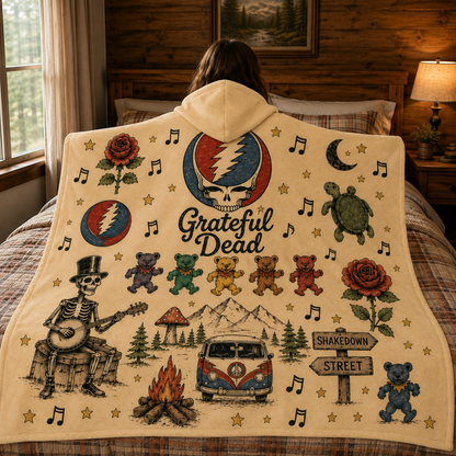 Grateful Dead Hooded Blanket, Grateful Dead Sherpa Hooded Blanket, Dancing Bears Blanket, Steal Your Face Gift, Cozy Music Blanket