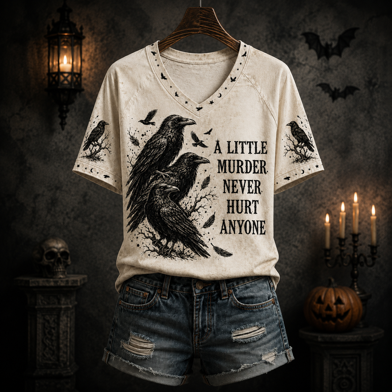 Funny Raven V-Neck T-Shirt, A Little Murder Never Hurt Anyone Shirt, Gothic Crow Graphic Tee, Dark Humor Halloween Gift
