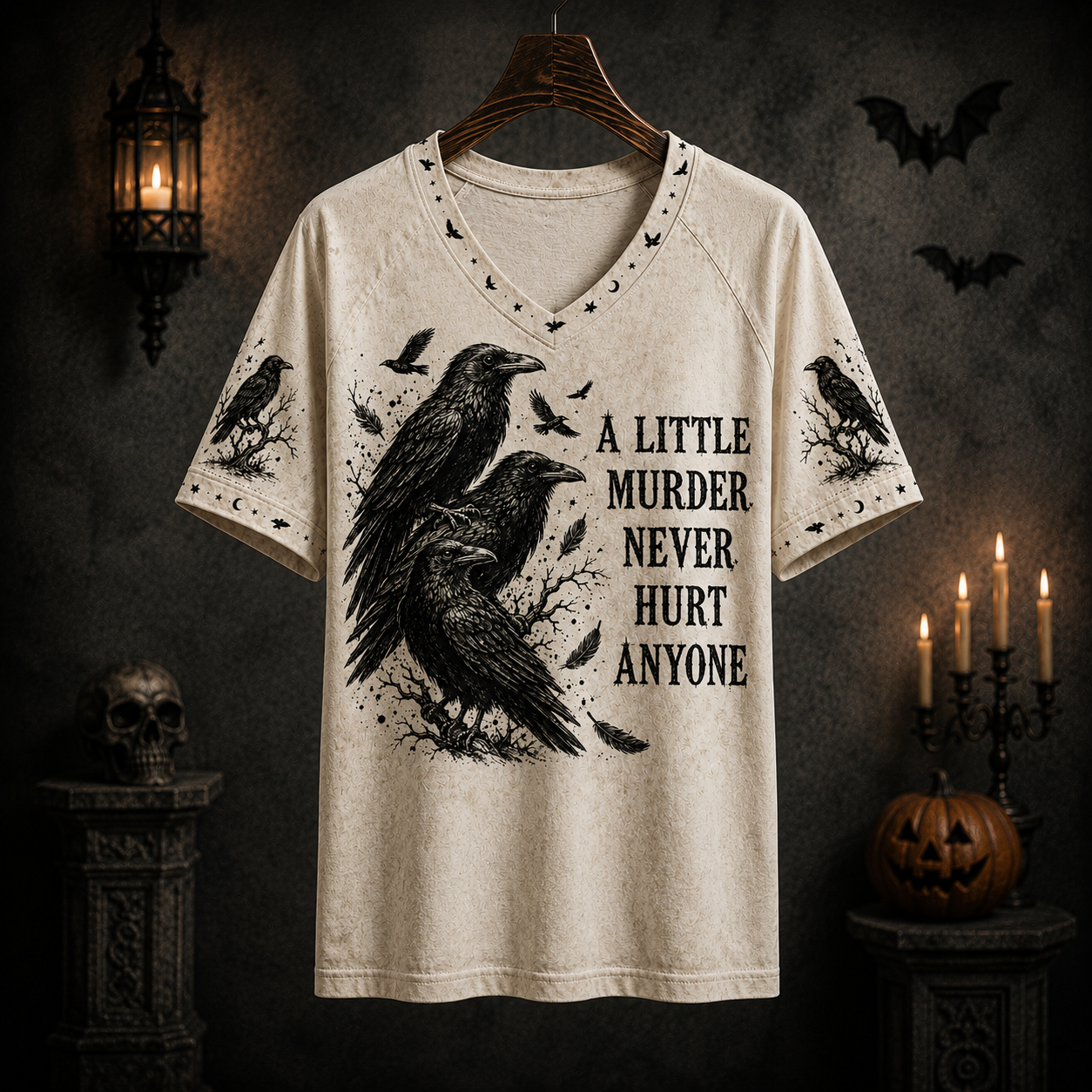Funny Raven V-Neck T-Shirt, A Little Murder Never Hurt Anyone Shirt, Gothic Crow Graphic Tee, Dark Humor Halloween Gift