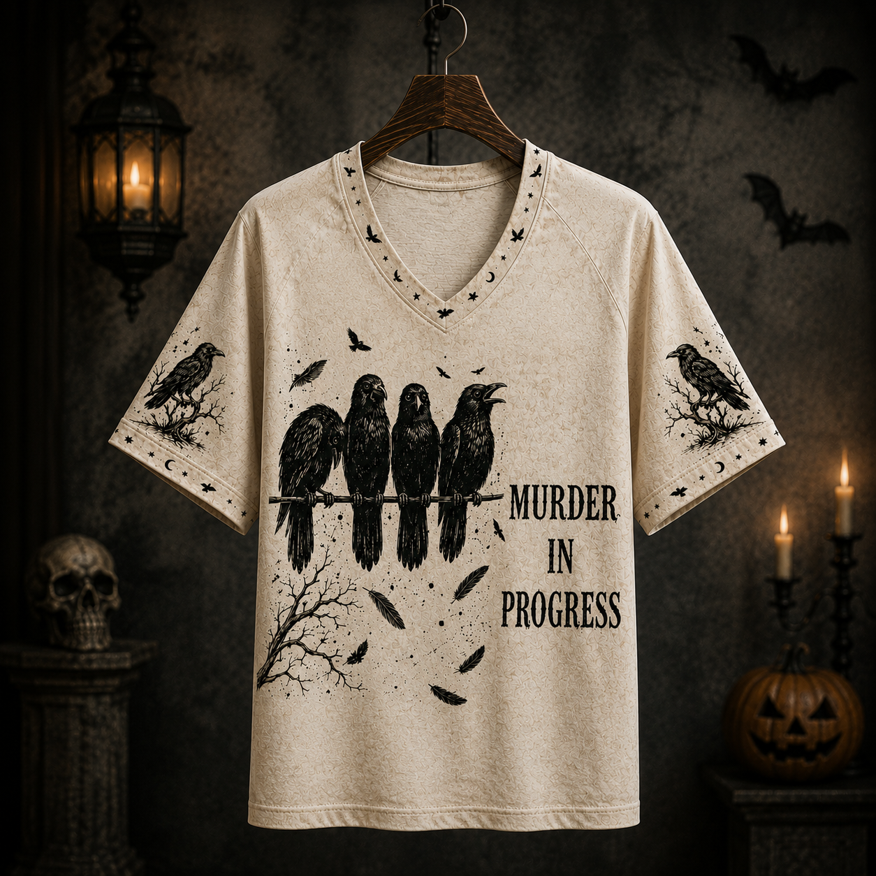 Murder In Progress Raven V-Neck T-Shirt, Gothic Crow Graphic Tee, Dark Humor Halloween Shirt, Spooky Raven Lover Gift
