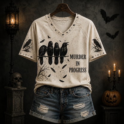 Murder In Progress Raven V-Neck T-Shirt, Gothic Crow Graphic Tee, Dark Humor Halloween Shirt, Spooky Raven Lover Gift