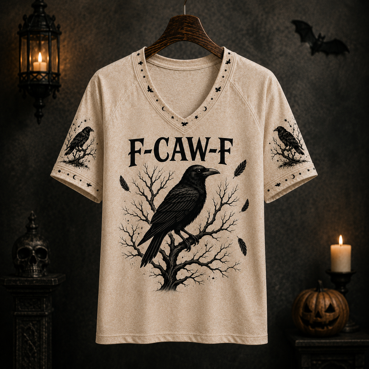 Funny Crow V-Neck T-Shirt, F-CAW-F Raven Graphic Tee, Gothic Halloween Shirt, Dark Humor Bird Lover Gift