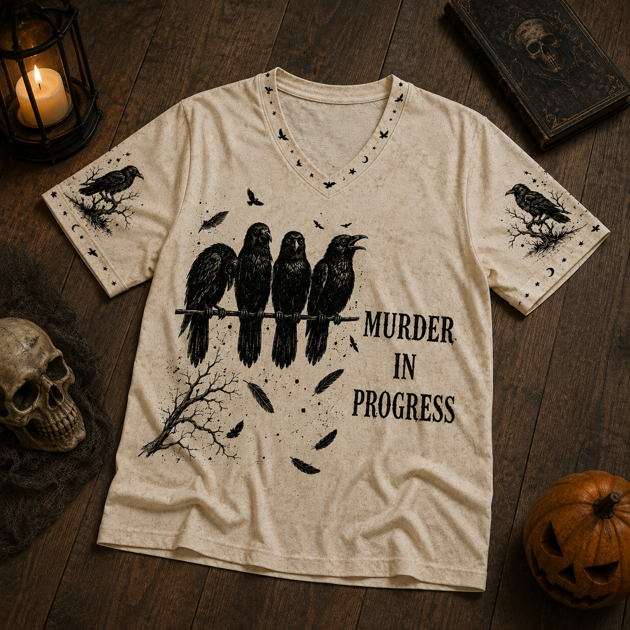 Murder In Progress Raven V-Neck T-Shirt, Gothic Crow Graphic Tee, Dark Humor Halloween Shirt, Spooky Raven Lover Gift
