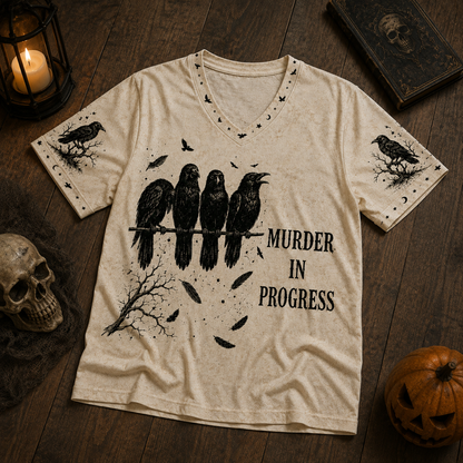 Murder In Progress Raven V-Neck T-Shirt, Gothic Crow Graphic Tee, Dark Humor Halloween Shirt, Spooky Raven Lover Gift